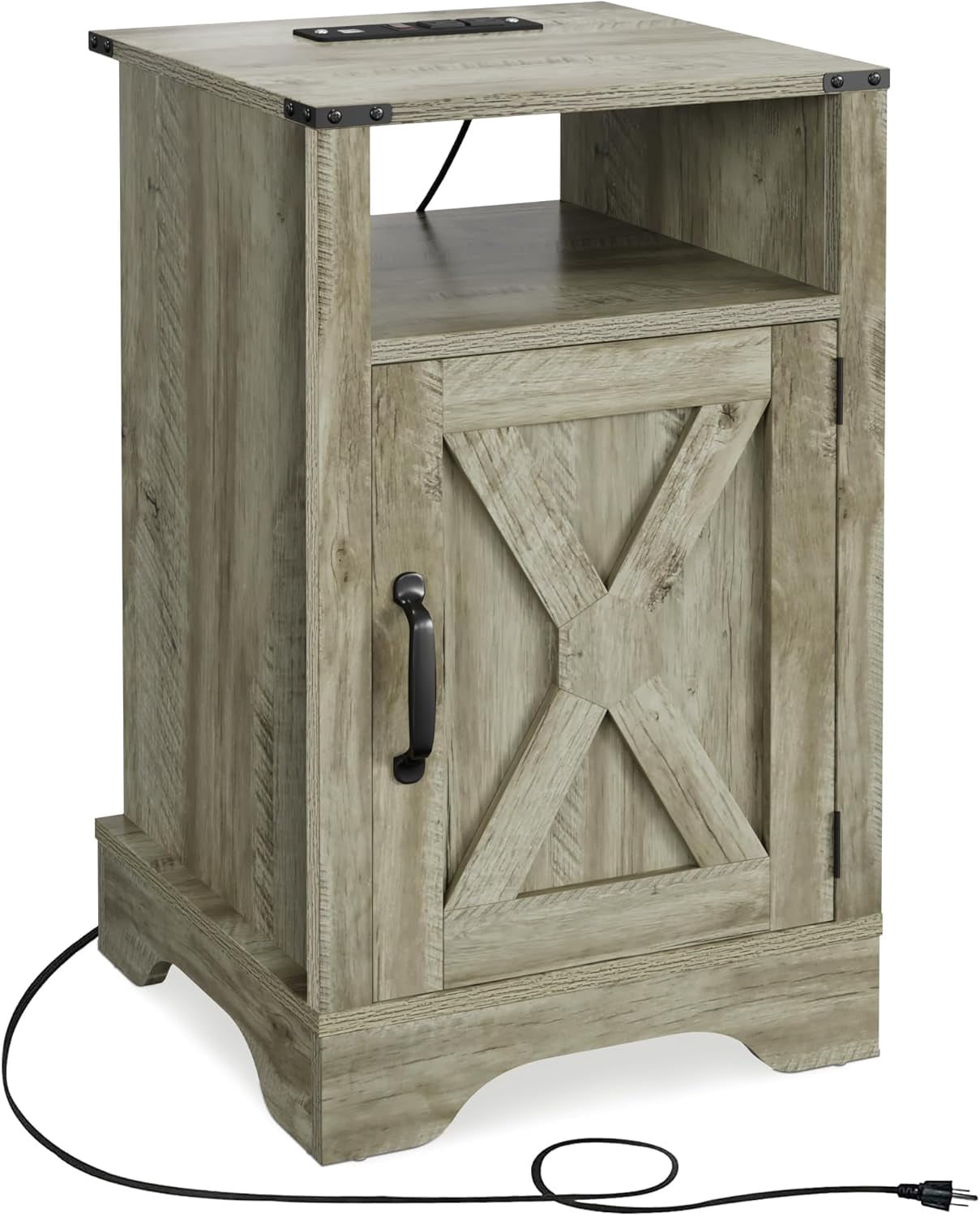 16" Light Grey Farmhouse Nightstand w/ Charging Station & Storage