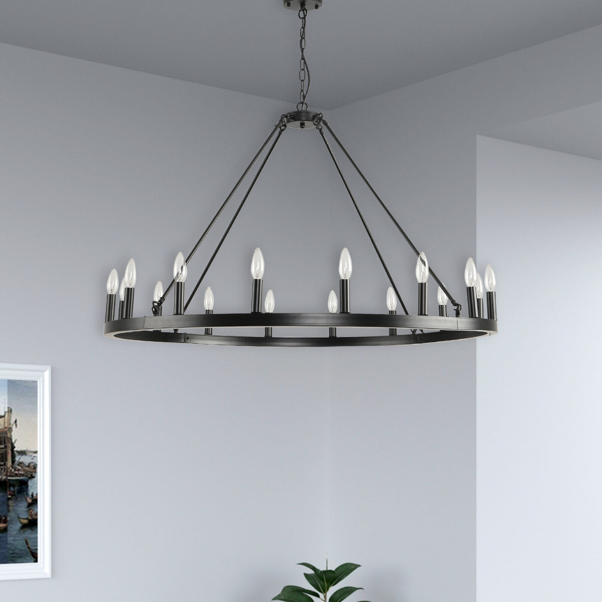 Black Iron 43-Inch 16-Light Wagon Wheel Chandelier