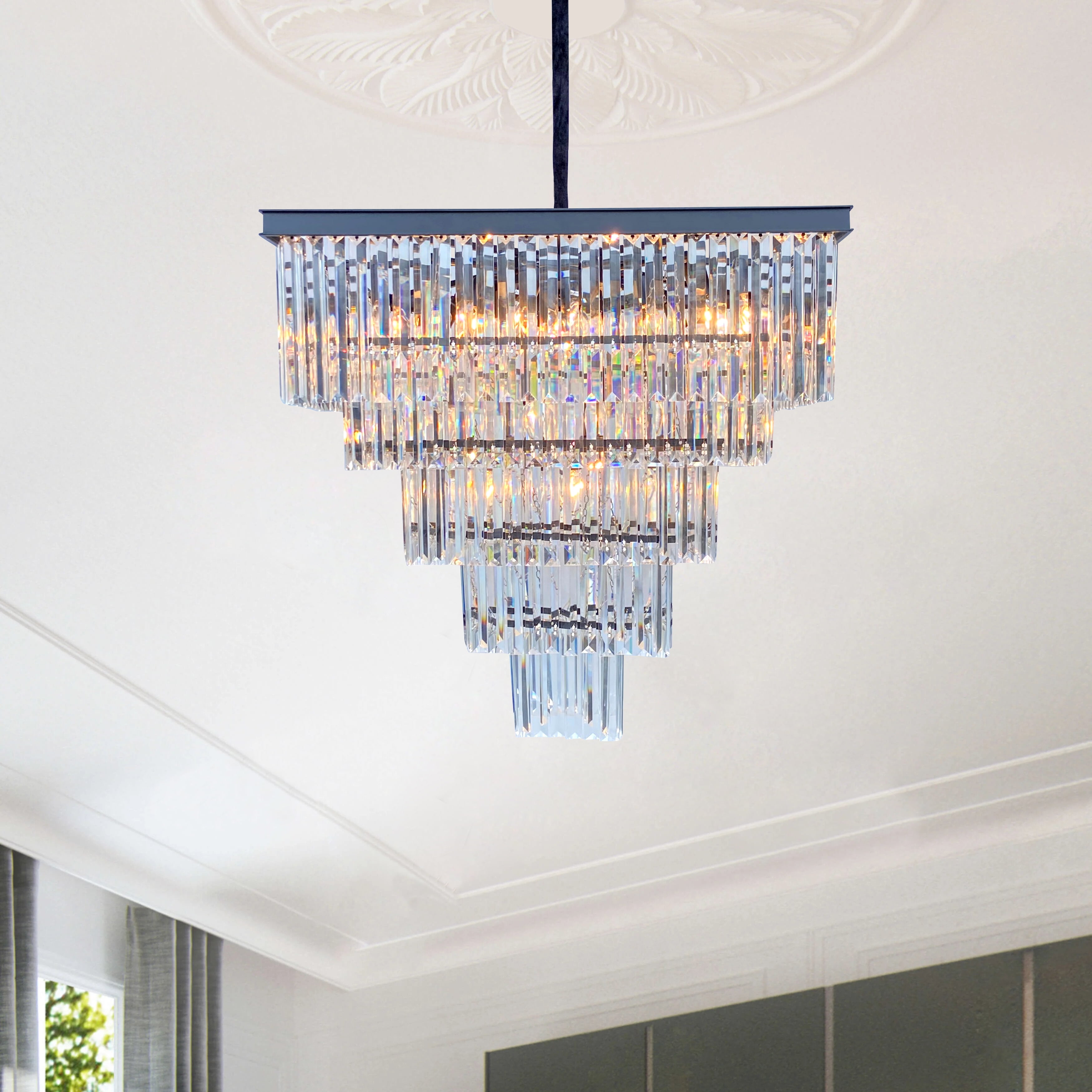 Luxurious Black Crystal Prism 27.5" Square Chandelier