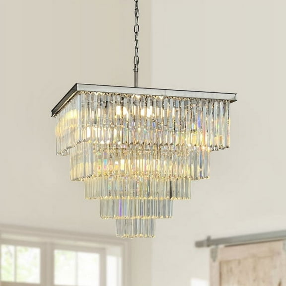 D'Angelo 16-Light Square Crystal Prism Chandelier Brushed Nickel Modern Luxury Lighting for Dining Room, Foyer, or Entryway