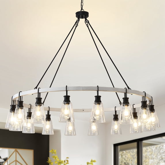 16 Lights Modern Farmhouse Wagon Wheel Chandelier with Seeded Glass, Adjustable Rustic Pendant Light for Dining Room, Kitchen Island, Entryway