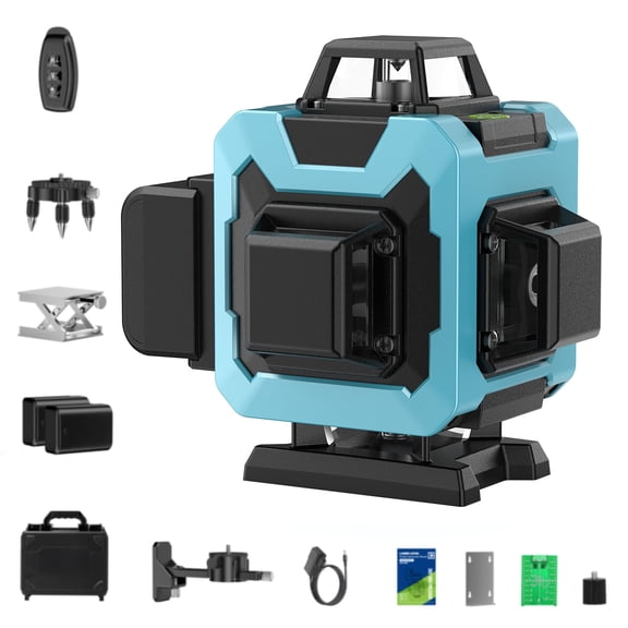 16 Line Laser Level 360 Self Leveling, 4x360Professional 4D Green Cross Line Laser Level with 2 Batteries, Adjustable Brightness & Remote Control, for Tiling Floor Construction and Picture Hanging