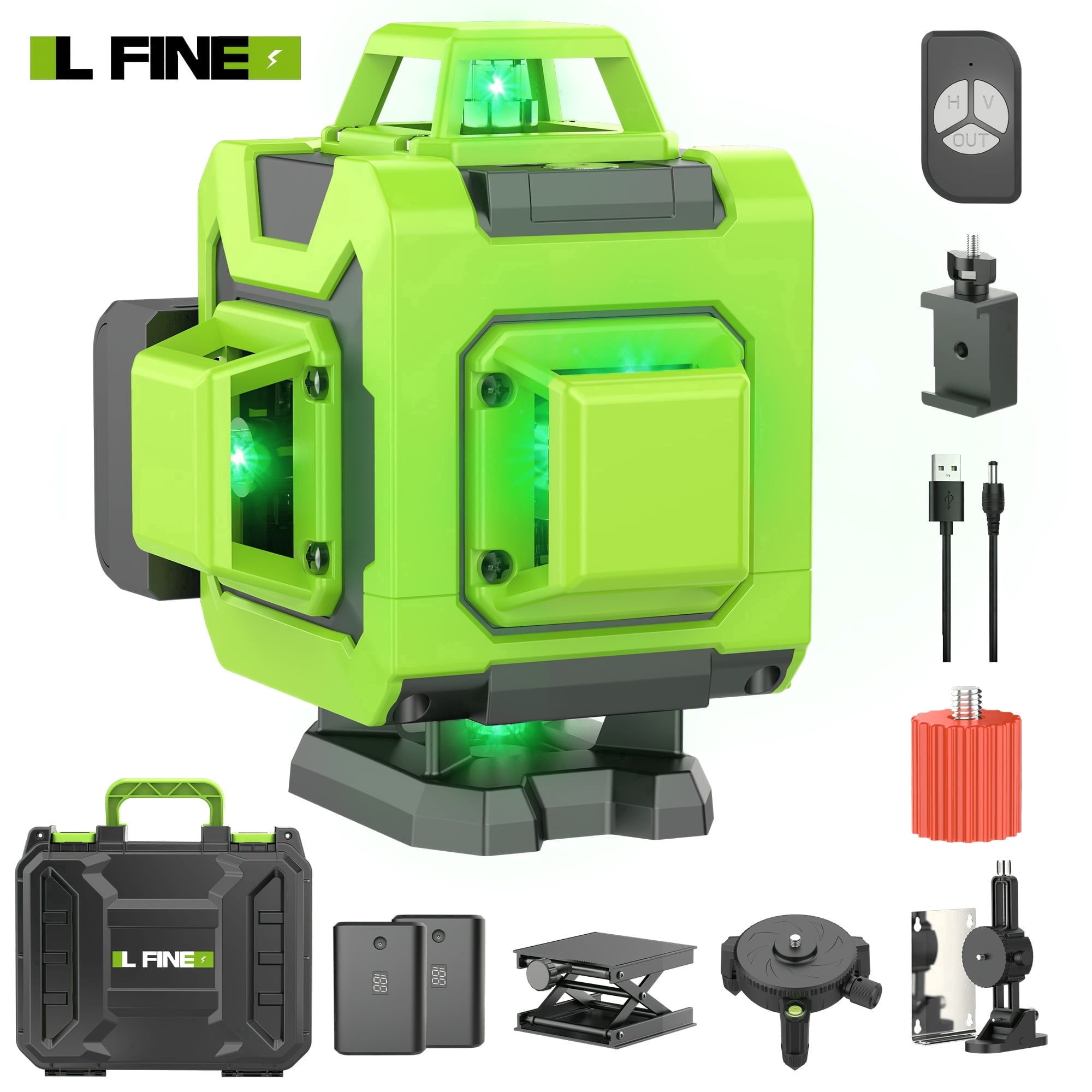 L-Fine Laser Level 16 Line 360 Self Leveling 4D Green Cross Line Adjustable Brightness Remote Control 65 ft