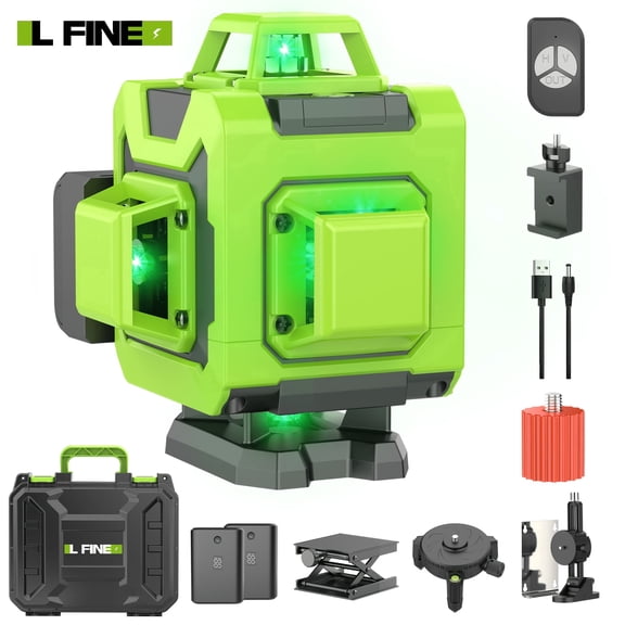 L-Fine Laser Level 16 Line 360 Self Leveling 4D Green Cross Line Adjustable Brightness Remote Control 65 ft