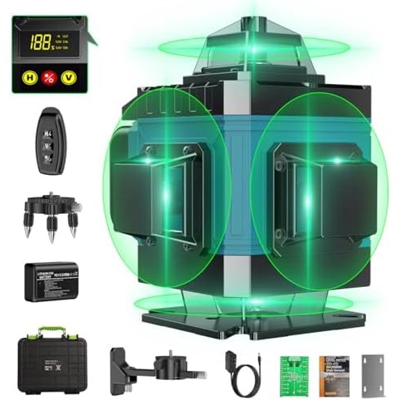 16 Line Laser Level 360 Self Leveling, 4x360Professional 4D Green Cross Line laser Level with 2 Batteries, Adjustable Brightness & Remote Control, for Tiling Floor Construction and Picture Hanging$$