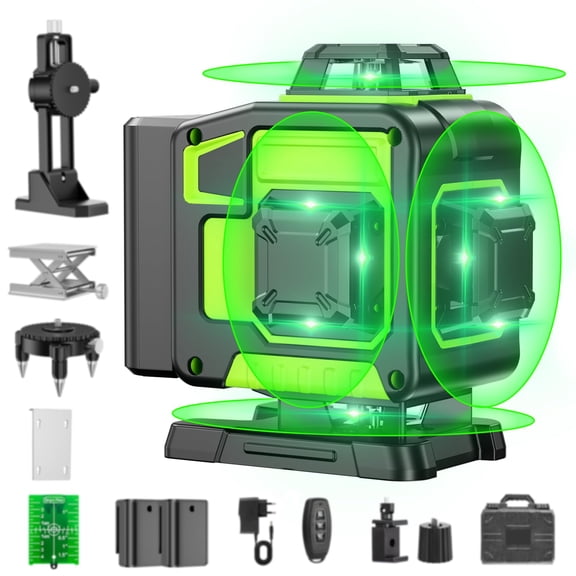 16 Line Laser Level 360 Self Leveling, 4x360Professional 4D Green Cross Line laser Level with 2 Batteries & Remote Control, for Tiling Floor Construction and Picture Hanging