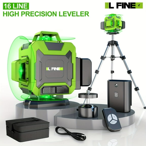 16 Line Laser Level 360 Self Leveling, 4x360Professional 4D Green Cross Line laser Level with Batteries, Adjustable Brightness & Remote Control, for Tiling Floor Construction and Picture Hanging