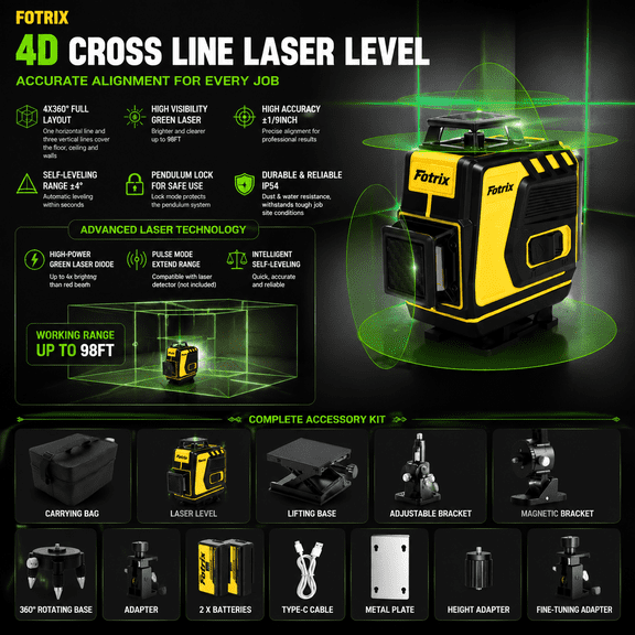 16-Line Laser Level with Tripod, Green Self-Leveling 4x360 Cross Line Laser, 2 Rechargeable Batteries