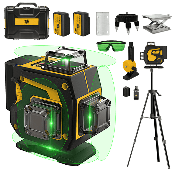 GloBest 4x360 Laser Level with Tripod , 100ft/30m, Green Beam, with 2 x 2400mAh Rechargeable Batteries, Adjustable Accessories, Stackable Case