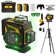 GloBest Laser Level with Tripod , 4D 16 Lines, 100ft/30m, Green Beam, with 2 x 2400mAh Rechargeable Batteries, Adjustable Accessories, Stackable Case