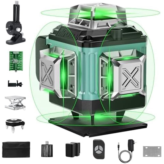 16 Lines Laser 360 Level Self Leveling, 4x360 Professional 4D Green Cross Line laser Level for Construction and Picture Hanging with 2 Batteries,Magnetic Bracket & Remote Control