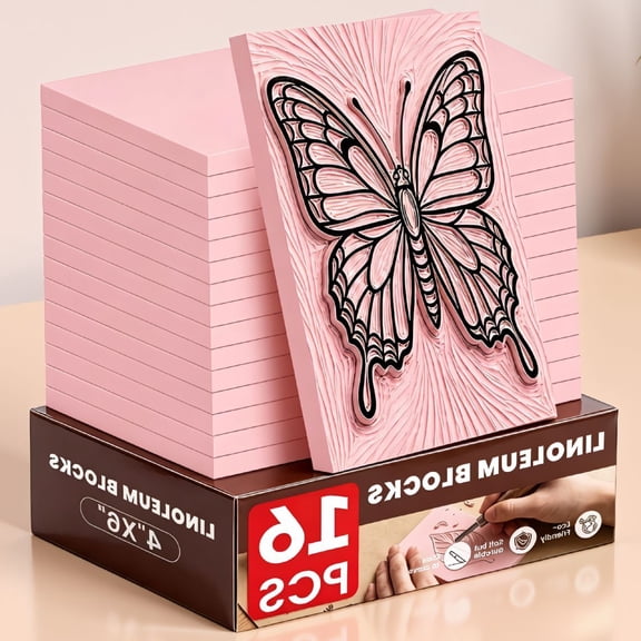 16 Linoleum Blocks for Printmaking, 4x6 Inch Pink Rubber Carving Blocks, Soft Making Kit for Linocut, DIY Crafts and Art Projects