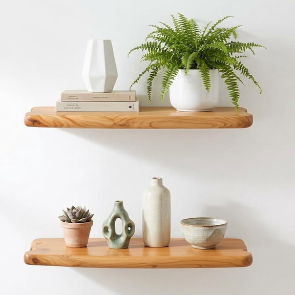 16" Live Edge Cedar Floating Shelves, Set of 2 | Each shelf measures approximately 15.75" W 7.87" D 1.25" H, ideal for displaying plants, book and decorative accents