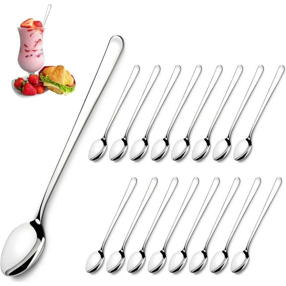 16 Long Handle Spoons (7.9 Inches),Long Handle Iced Tea Spoons,Stainless Steel Stirring Spoon,Coffee Spoon,Ice Cream Scoop,Long Spoons for Milkshakes,Cocktail,Coffee,Cold Drink,Silver 16