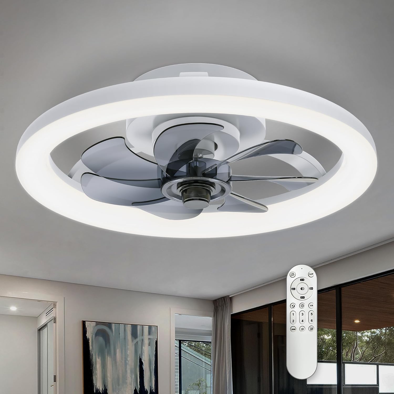 16 in Low Profile Ceiling Fan with Lights and Remote,White Modern Flush