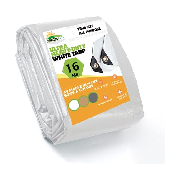 16 MIL Thick Ultra Heavy Duty White Tarp 16' x 16' (True Size) 3ply Waterproof 9.5 oz UV Protected Multipurpose Protective Cover Rain Tarpaulin