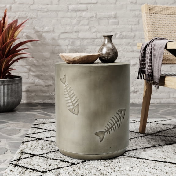 16'' Magnesium Oxide Side Table - Fish Decorative No Assembly, Diameter With Ornament Grey Outdoor Piece Portable