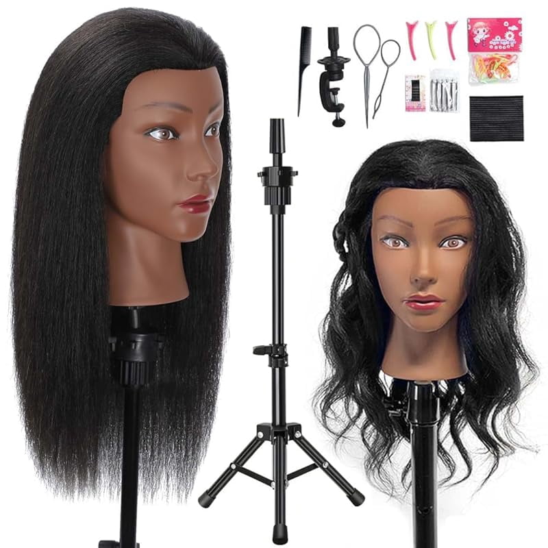 16"  Mannequin Head Human Hair, 100% Real Hair Cosmetology Manikin Doll Head for Hairdresser Practice Braiding with Free Clamp Holder and Tools (16 Inch)
