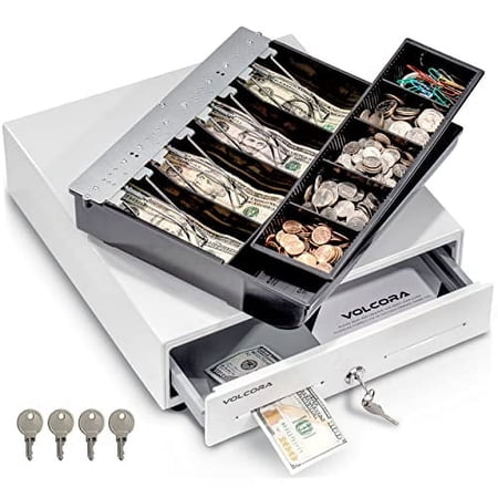 Volcora Cash Register Drawer for Point of Sale (POS) System with Fully Removable 2 Tier Cash Tray, 5 Bill/8 Coin, 24V, RJ11/RJ12 Key-Lock, Double Media Slot, White