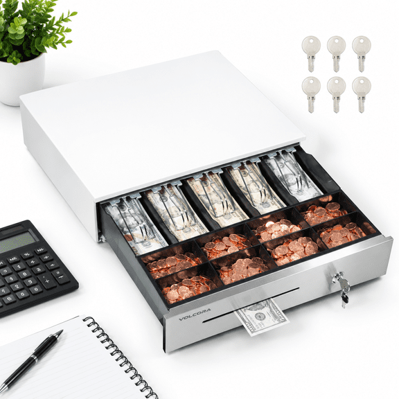 16" Manual Push Open Register Drawer For Point Of Sale (pos) System - White And Stainless Steel Front Touch Panel Durable With Rem