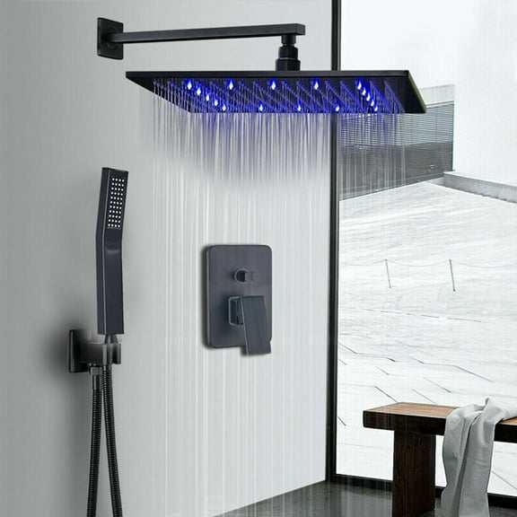 16"Matte Black LED Shower Combo Set Rainfall Luxury Shower System W/Hand Shower