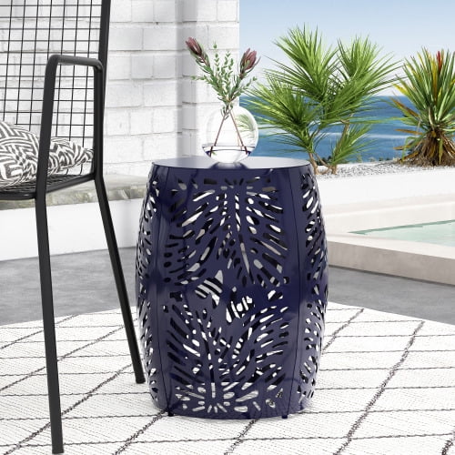 16" Metal Side End Table, Modern Barrel Structure, Powder-Coated Iron Frame with Tropical Palm Leaf Pattern for Outdoor Indoor Patio Garden Living Room Decor, Navy Blue