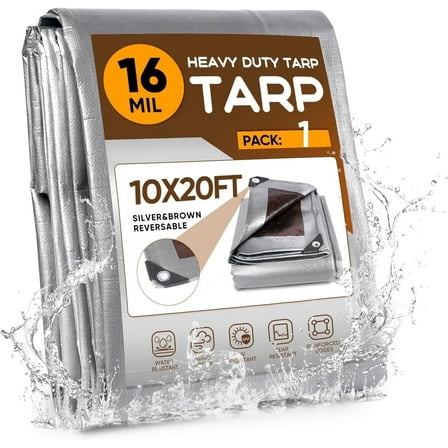 16 Mil Heavy Duty Tarps 10x20FT, Waterproof Tarp with Grommets and Reinforced Edges,Tear & Fade & UV Resistant,Multipurpose Poly Tarpaulin for Pool,Car,Firewood,Boat(270GSM,Silver/Brown)