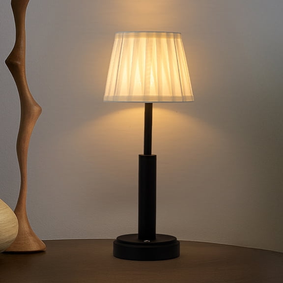 16'' Modern Classic Black Fabric Shade Rechargeable LED Table Lamp Touch Control Cordless USB Nightstand Lamp with Stepless Dimming for Bedroom Dorm Living Room