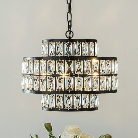 16'' Modern Crystal Chandelier Matte Black Finish 4-Light Tiered Drum Pendant Light for Small Spaces Dining Room Entryway