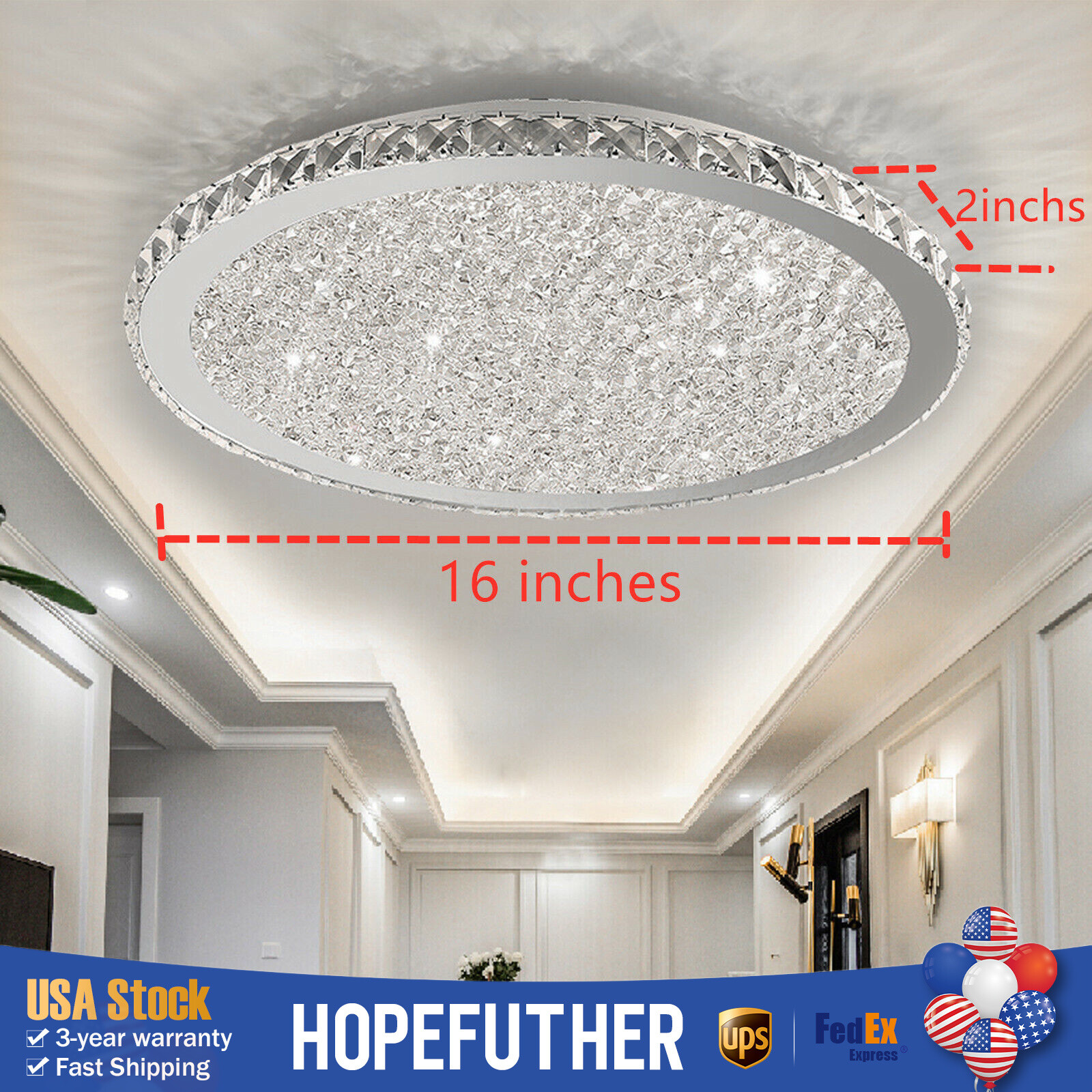 16" Modern Flush Mount Crystal Chandelier LED Ceiling Light Pendant ...