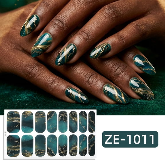 16-Nail Marble Pattern Nail Polish Film Nail Stickers with Gold Foil and Ombre Backing
