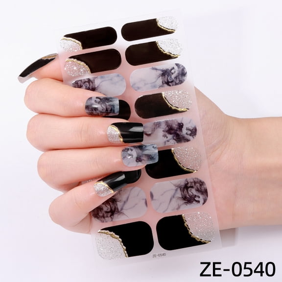 16-Nail Marble Pattern Nail Polish Film Nail Stickers with Gold Foil and Ombre Backing