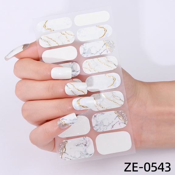 16-Nail Marble Pattern Nail Polish Film Nail Stickers with Gold Foil and Ombre Backing
