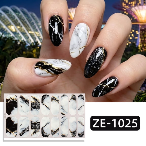 16-Nail Marble Pattern Nail Polish Film Nail Stickers with Gold Foil and Ombre Backing