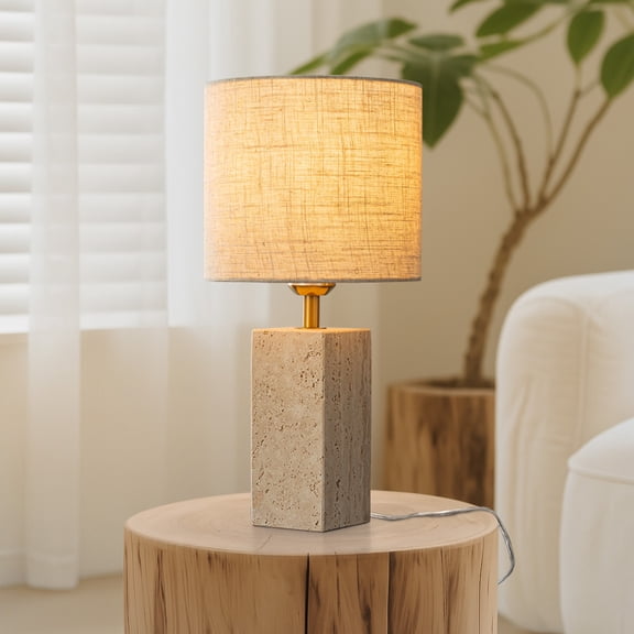 16'' Natural Small Travertine Stone Base Bedside Table Lamp Modern Rectangular Nightstand Lamp with Beige Linen Shade for Bedroom Living Room Dining Room