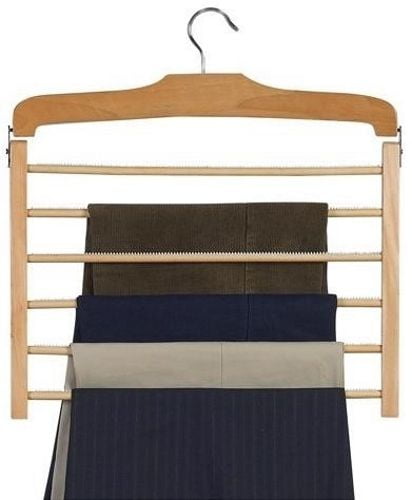 16" Natural Wood Multi Pant Hanger (pack of 3)feature a space-saving body and 6 non-slip rubberized bars that prevent slacks from slipping and creasing.