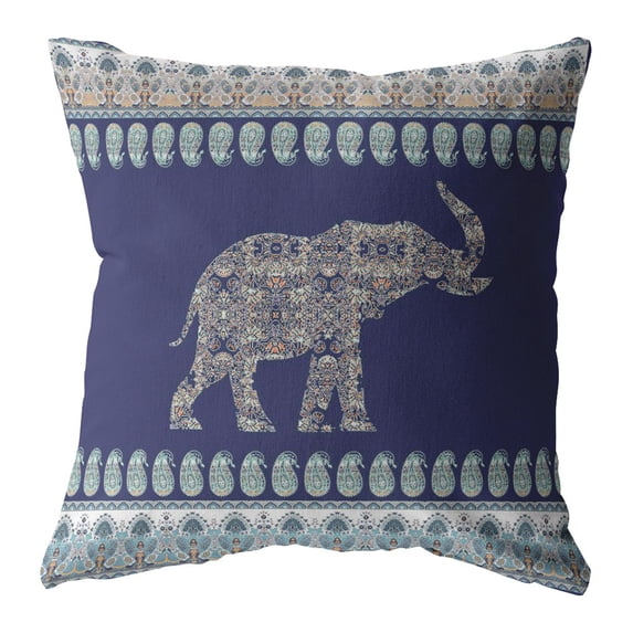 16†Navy Ornate Elephant Indoor Outdoor Zippered Throw Pillow