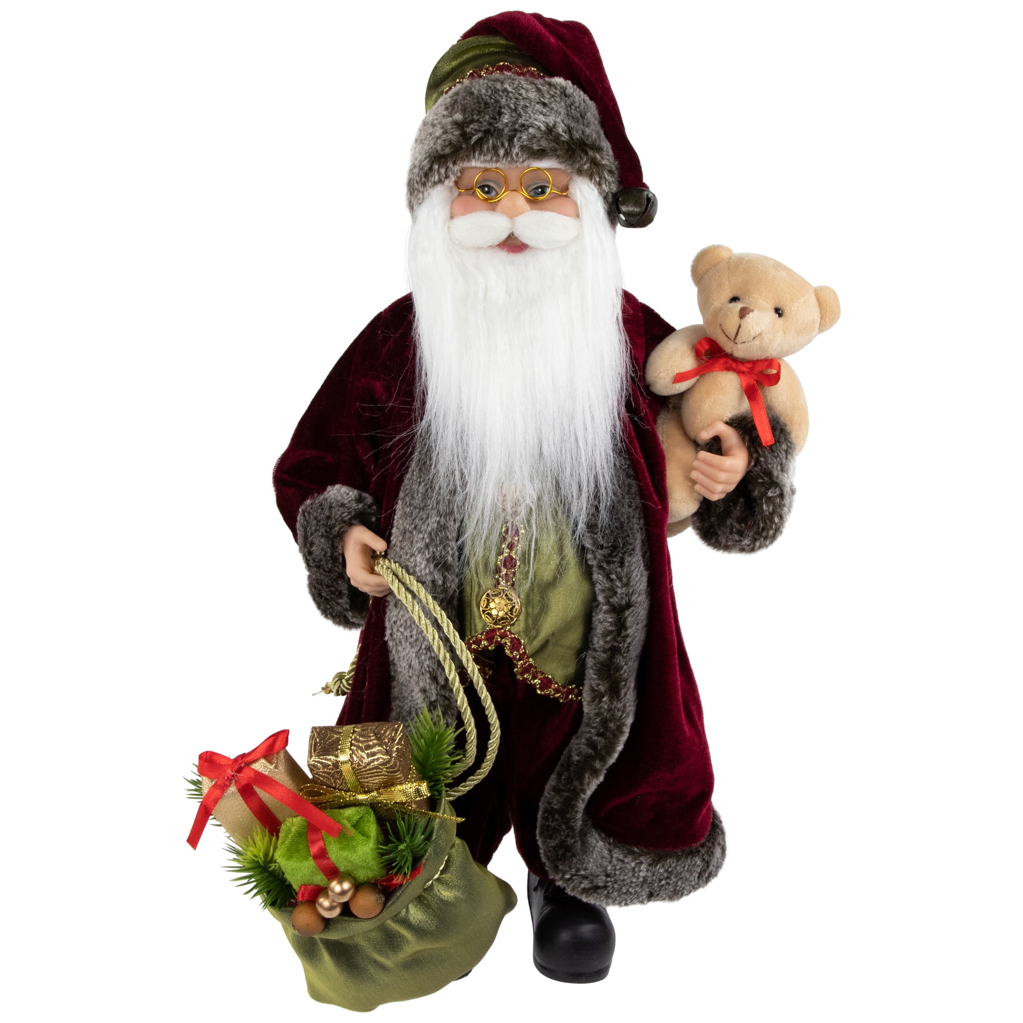 16 Noble Standing Santa Claus in Burgundy Robe Christmas Figure with Teddy Bear and Gift Bag Walmart