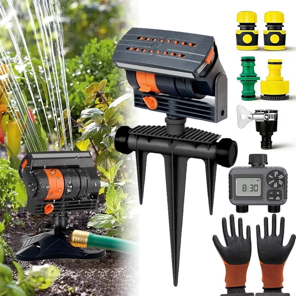 16-Nozzle Oscillating Sprinkler with Dual-Zone Sprinkler Water Timer, 360° 16-Hole Automatic Rocking Sprinkler, Turbo Orbit Mist Sprinklers System for Garden (Ground-Insert, with Dual-Zone Timer)