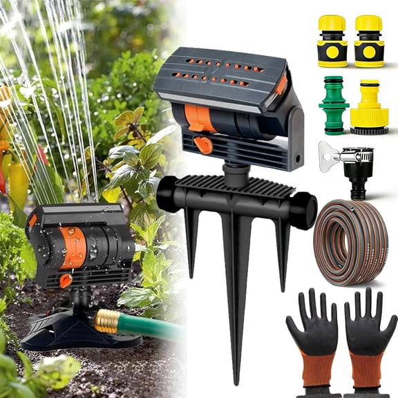 16-Nozzle Oscillating Sprinkler with Dual-Zone Sprinkler Water Timer, 360° 16-Hole Automatic Rocking Sprinkler, Turbo Orbit Mist Sprinklers System for Garden (Ground-Insert, with 5m Hose)