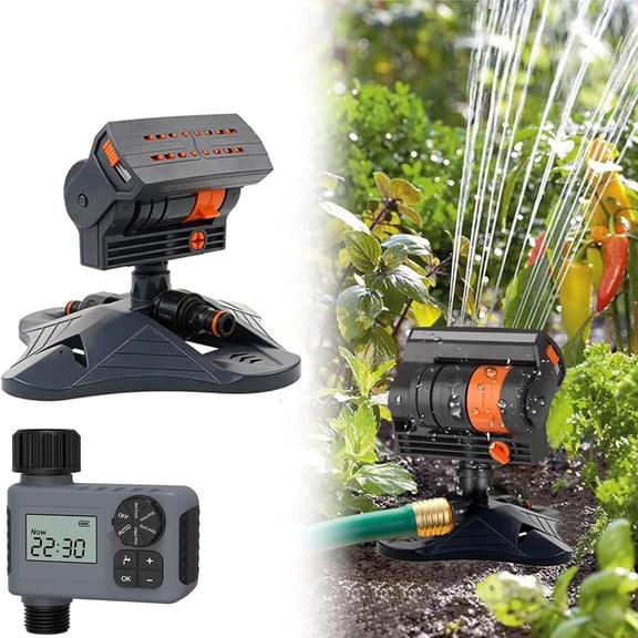 16-Nozzle Oscillating Sprinkler with Dual-Zone Sprinkler Water Timer, 360° 16-Hole Automatic Rocking Sprinkler, Turbo Orbit Mist Sprinklers System for Garden (Standard, with Single-Zone Timer)