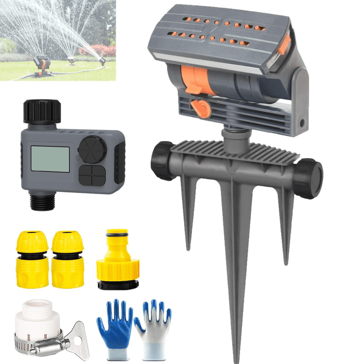 16-Nozzle Oscillating Sprinkler with Dual-Zone Sprinkler Water Timer Adjustable Lawn Sprinkler System Garden Watering Hose Connected Oscillating Lawn Sprinklers for Yard Patio Outdoor(*B+Timer)