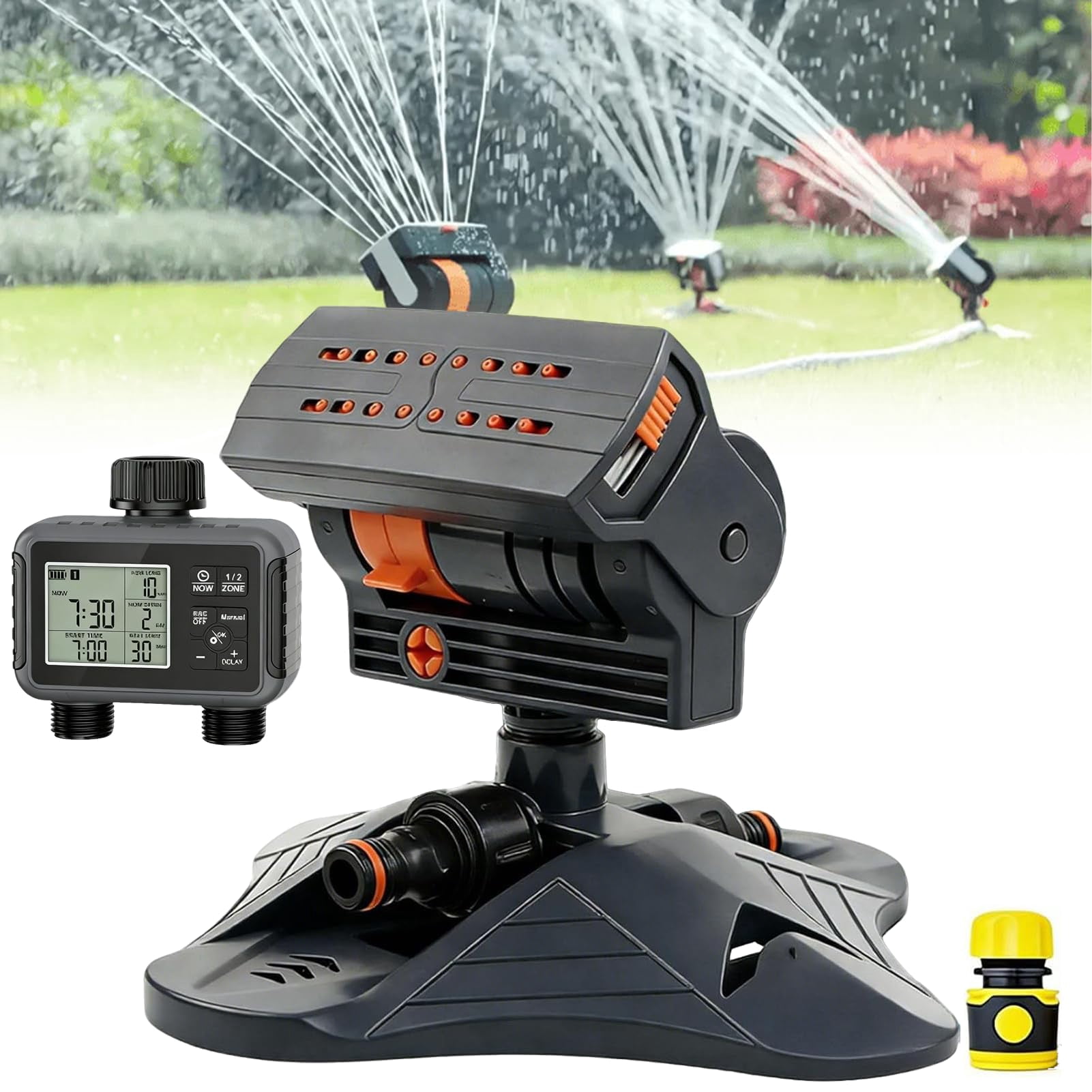 16-Nozzle Oscillating Sprinkler with Dual-Zone Sprinkler Water Timer, Upgraded Mini Turbo Oscillating Water Sprinklers for Lawn Yard Garden Watering, Adjustable Width, Range & Flow Rate