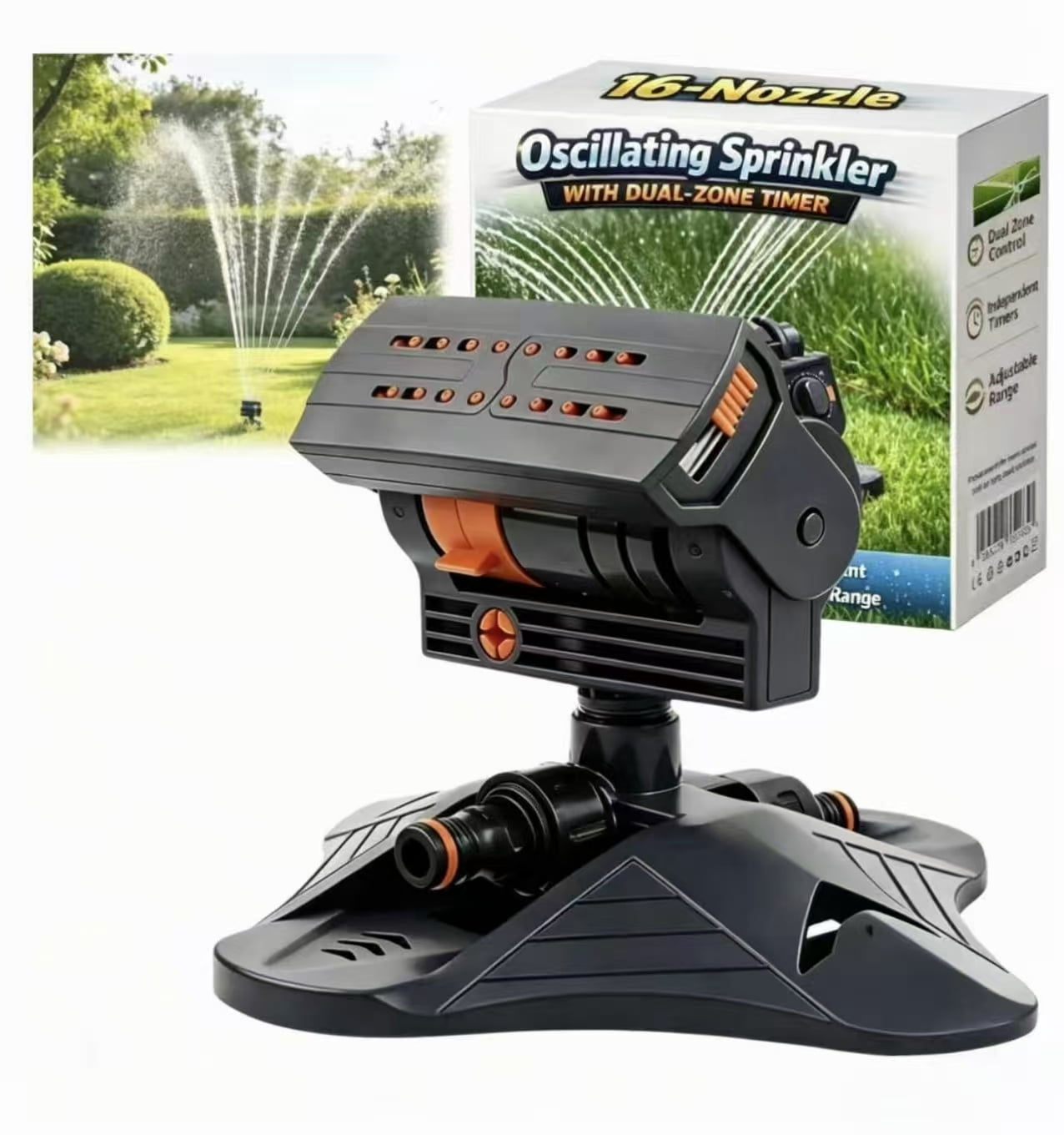 2026 Upgraded 16-Nozzle Oscillating Sprinkler with Dual-Zone Sprinkler Water Timer, Timing Dual-Zone Sprinklers for Lawn Yard, Motion Activated Garden Hose Splash Pad System