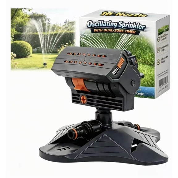2026 Upgraded 16-Nozzle Oscillating Sprinkler with Dual-Zone Sprinkler Water Timer, Timing Dual-Zone Sprinklers for Lawn Yard, Motion Activated Garden Hose Splash Pad System
