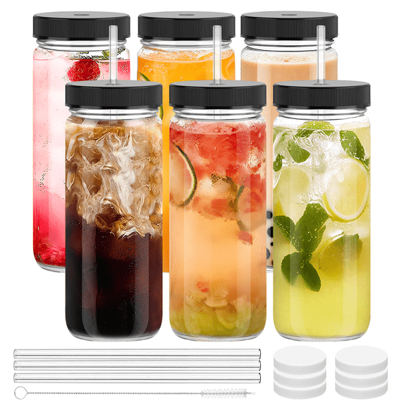 GPED Clear 16 oz Glass Juice Bottles with 6 Straws, 6 Lids with Hole, 6 Airtight Lids and Brush
