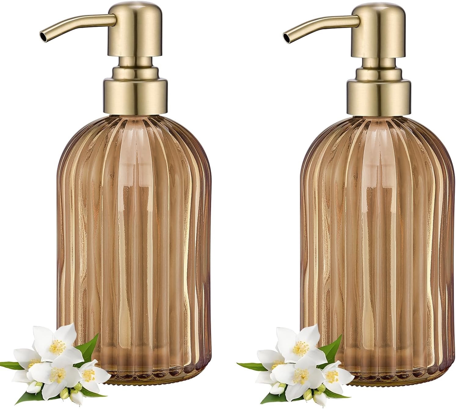 16 OZ  Glass Soap Dispenser,  Stripe Bathroom Hand Soap Dispensers with Stainless Steel Brushed  Pump,Brown Glass Kitchen Hand Soap Dispenser with Brushed  Pump,2 Packs