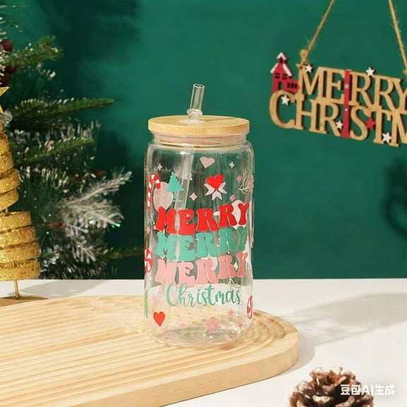16 OZ Glass Water Bottle with Straw Christmas Pattern Glass Cup with Wooden Lid Xmas Gift Christmas Decorative Water Bottle for Cold Beverage Juice Beer Coffee