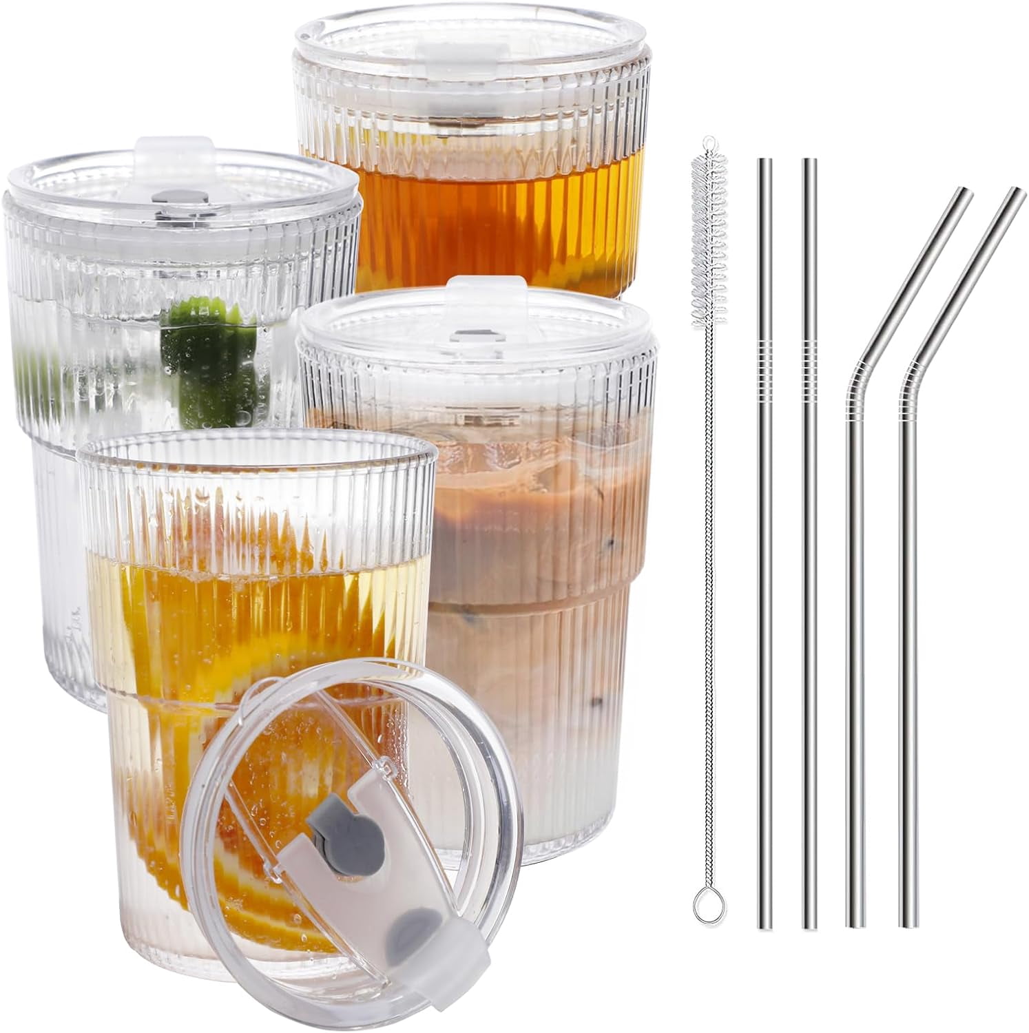 16 OZ Iced Coffee Cups with Lids and Straws Set of 4, Unbreakable ...