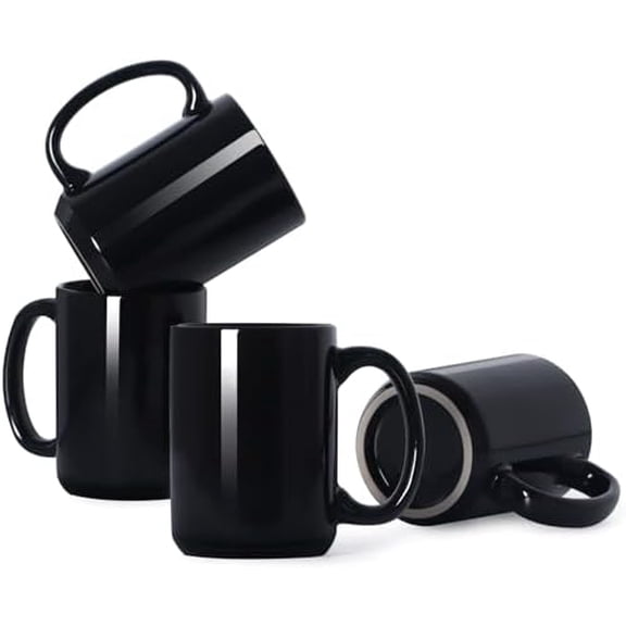 16 OZ Porcelain Coffee Mugs, Classic Blank Ceramic Cup with Large Handle for Tea Latte Cappuccino, Set of 4, Black